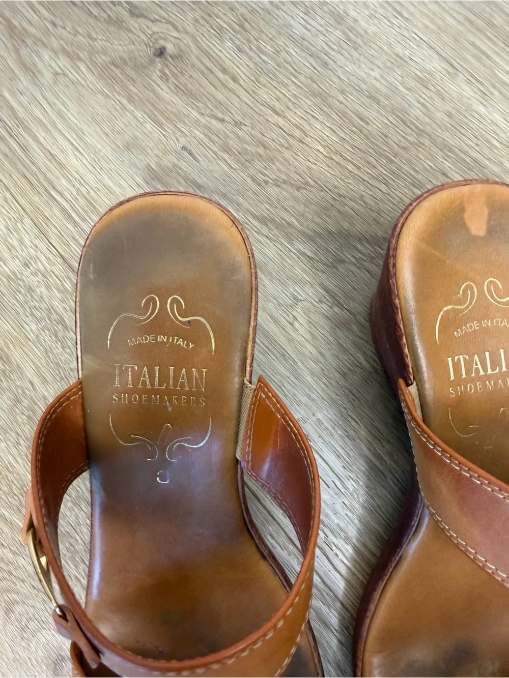 Italian Shoemakers made in Italy size 9 Tan Leather Double-Strap Wedge Sandals